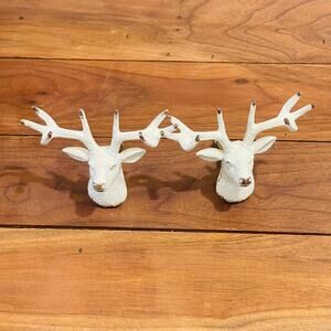 White Stag Antler Deer Head Buck Metal Cabinet Knobs Set of 2